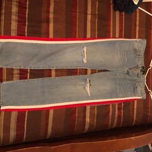 Light denim jeans red and white stripe